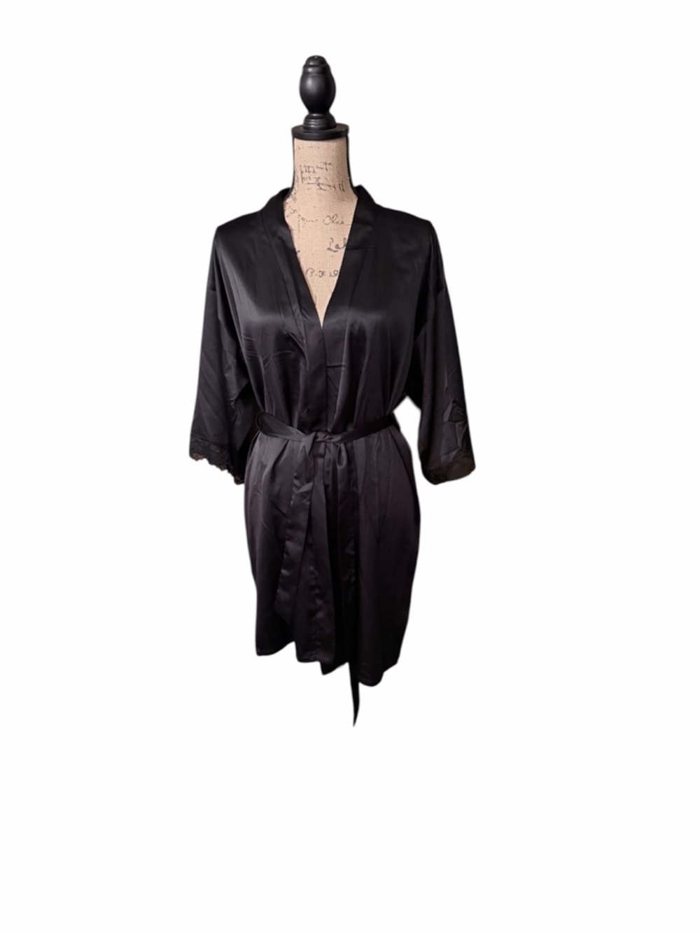 JoySpun Satin Short Robe with Waist Tie - Black‎